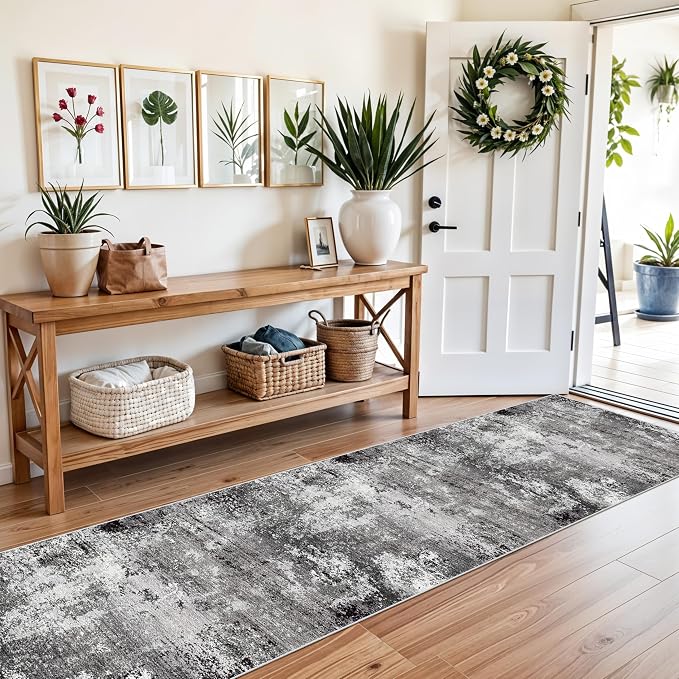 2x10ft Hallway Runner Rug – Non-Slip Washable Long Carpet Runner for Kitchen Entryway Living Room Bedroom Bathroom, Modern Abstract Neutral Low-Pile Thin (Black Grey,2x10)