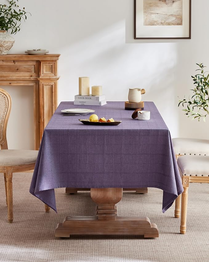 ZeeMart Linen Checked Table Cloth 60x84 Inches (Fit 5ft, Narrow Fit 6ft Rectangle Table), Farmhouse Style Plaid Embroidered Water Resistant Table Cover, Purple