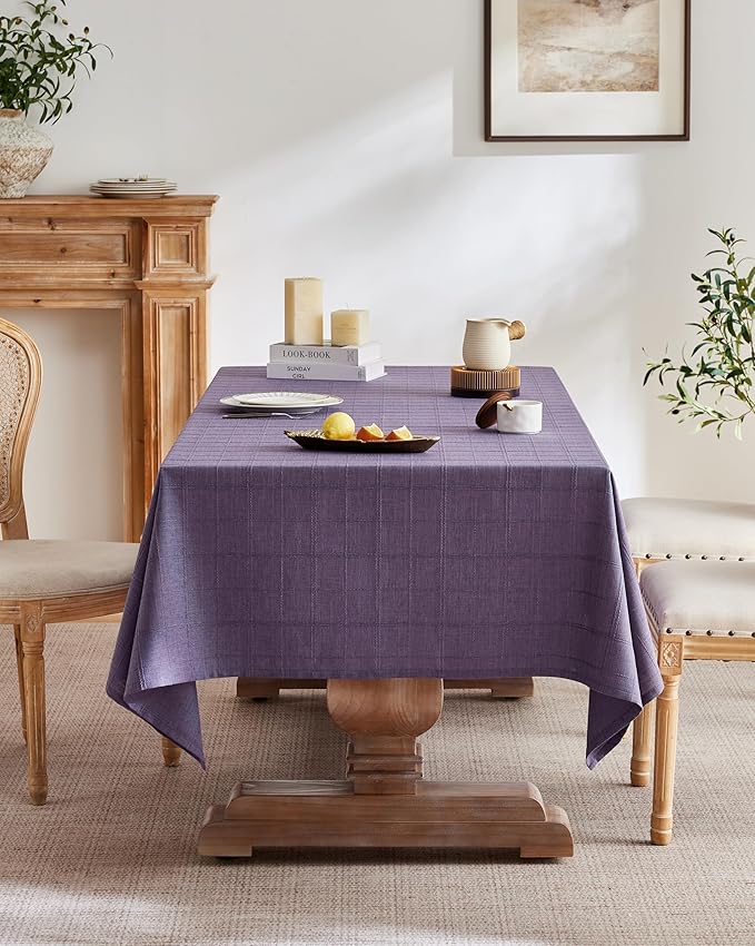 ZeeMart Linen Checked Table Cloth 60x120 Inches (Fit 7ft–8ft, Narrow Fit 9ft Rectangle Table), Farmhouse Style Plaid Embroidered Water Resistant Table Cover, Purple