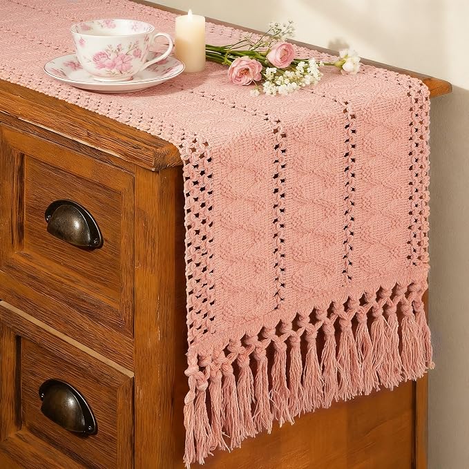 FEXIA Summer Pink Table Runner Boho Macrame Dresser Runner Home Coffee Table Decor Farmhouse Style with Tassels for Dining Bedroom Living Room Decor Rustic Bridal Shower (12x90 Inches)