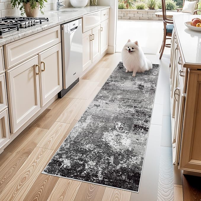 2x6ft Washable Kitchen Runner Rug – Non-Slip Low-Pile Floor Carpet Runner for Indoor Hallway, Bedroom, Bedside & Entryway, Modern Abstract Neutral (Black Grey,2x6)