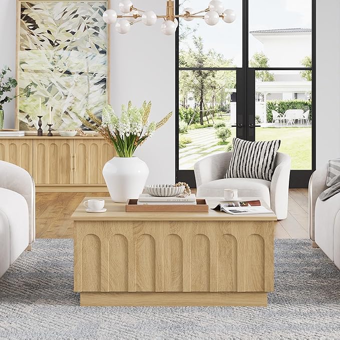 FORTUNETEC Lift Top Coffee Table with Storage, Modern Coffee Table with Arched Design, 31.5" Square Tea Table with Wood Grain, Boho Multifunctional Center Table for Living Room, Office, Oak