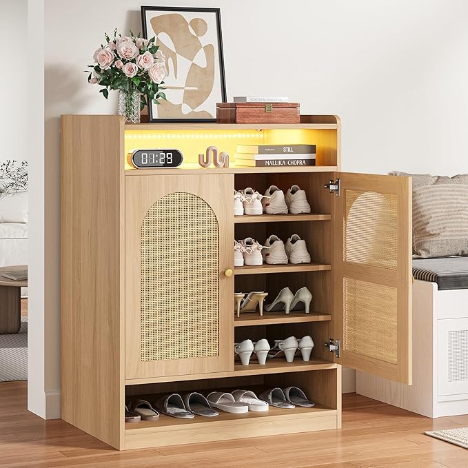 LIKIMIO Rattan Shoe Storage Cabinet with LED Light, 24 Pairs 6-Tier Shoe Cabinet Storage for Entryway with Adjustable Shelves, Farmhouse Shoe Rack Organizer for Hallway, Living Room, Natural