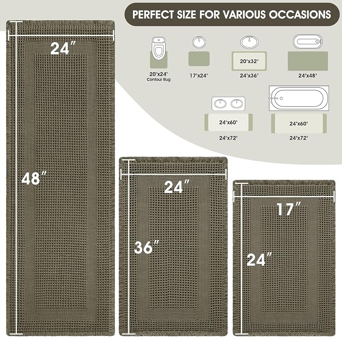 Upgraded Waffle Bath Mat Set 3 Piece Greyish Green-Looped, Super Absorbent Non-Slip Quick Dry Bathroom Rugs with Tassels, Machine Washable Ultra Soft Boho Bath Rugs, Toilet Mats Boho Farmhouse Decor