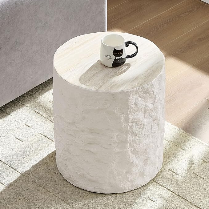 Round Coffee Table Set of 2 for Living Room Modern Drum Center Table Circle Side Tables for Apartment, No Need Assembly (Fiberglass 35.43'' &15.75'' Cement Stone Pattern)