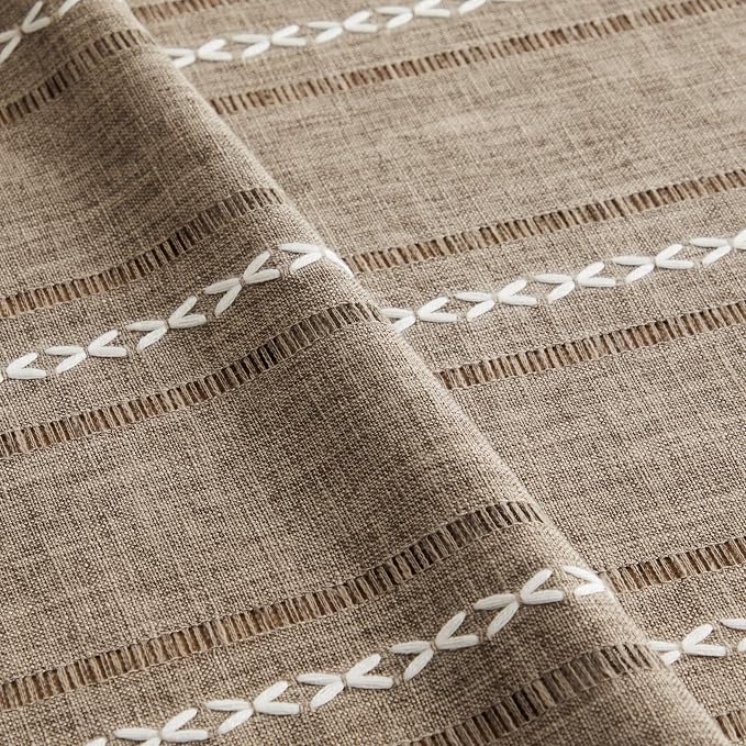 ZeeMart Hemstitched Embroidery Striped Boho Tablecloth 54x54 Inch Cocoa Brown, Heavy Weight Farmhouse Burlap Linen Brown Tablecloth, Wrinkle Resistant Washable Table Cloth for Square Table