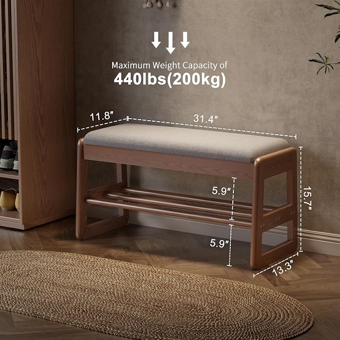 AQIMUELE Shoe Rack Bench,2 Tiers Shoe Bench with Storage with Flip-Top,Wood Shoe Rack for Entryway,Hallway（Walnut Upholstered Seat,11.8" D x 31.5" W x 15.7" H）