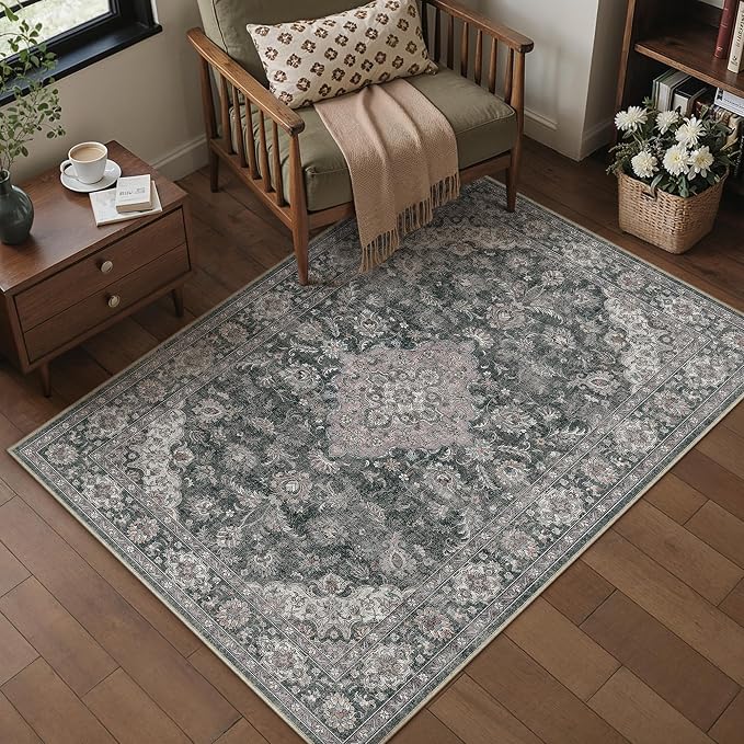 HUGEAR Retro Black Area Rug 5x7 Machine Washable Living Room Rugs Distressed Vintage Floral Low Pile Carpet Bedroom Office Dining Room Laundry Room Non Slip Soft Lightweight