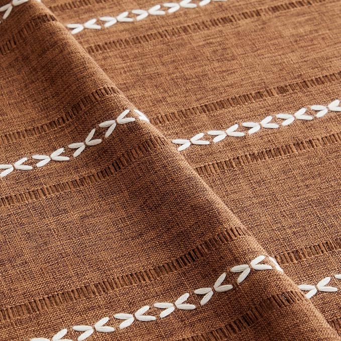 ZeeMart Hemstitched Embroidery Striped Boho Tablecloth 60x60 Inch Caramel, Heavy Weight Farmhouse Burlap Linen Orange Brown Tablecloth, Wrinkle Resistant Washable Table Cloth for Square Table