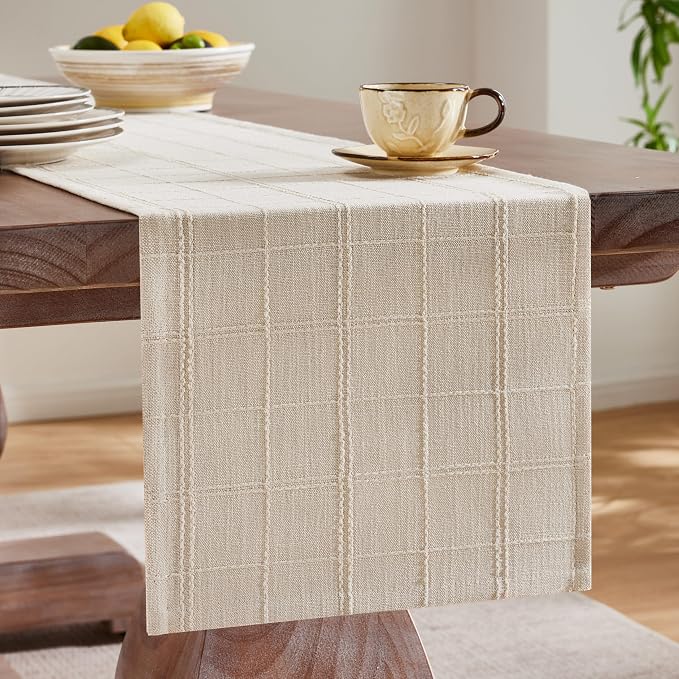 ZeeMart Linen Checked Farmhouse Table Runner, 13x72 Inches Neutral Beige | Raised Grid Design, Rich Woven Texture, Linen Blend Table Runners 72 Inches Long, Machine Washable, Boho Home Kitchen Decor