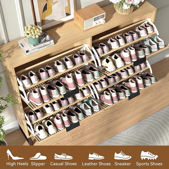 Shoe Storage Cabinet for Entryway with 4 Flip Drawers,Narrow Shoe Rack Cabinet,Hidden Slim Shoe Storage Freestanding Shoe Organizer Cabinet for Entryway, Hallway