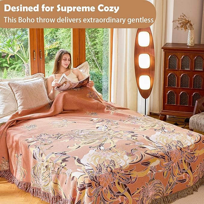 VANJOROY Boho Throw Blanket 60" x 80", 100% Organic Cotton Breathable Skin-Friendly Ultra Soft Bed Quilt Throw - Floral Rustic Decor Luxury Reversible Blanket for Sofa Couch Chair and Gift,