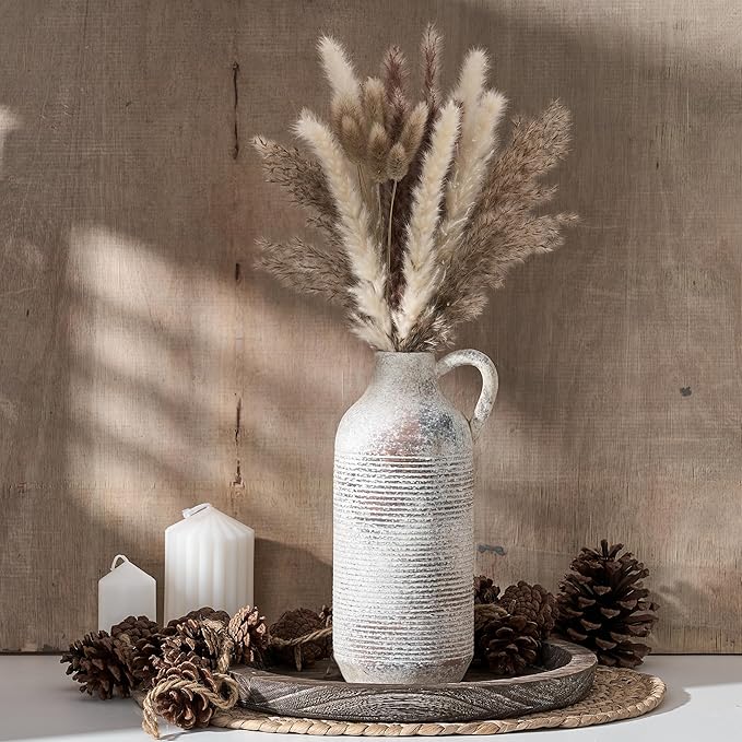 PORCER Ceramic Rustic Vase for Home Decor, Terracotta Vase with Handle, Handcrafted Vintage Decorative Flower Vase for Farmhouse, Living Room, Table, Fireplace, Nightstand - Natural Brown