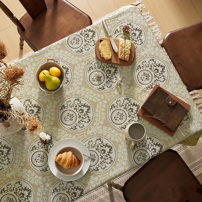 Retro Brown Floral Rectangle Tablecloth: Linen Printed Farmhouse Table Cloth - Chocolate Damask Pattern on Burlap Textured Fabric Outdoor Table Cover for Kitchen,Dining,Party,Picnic Decor, 55x120 Inch