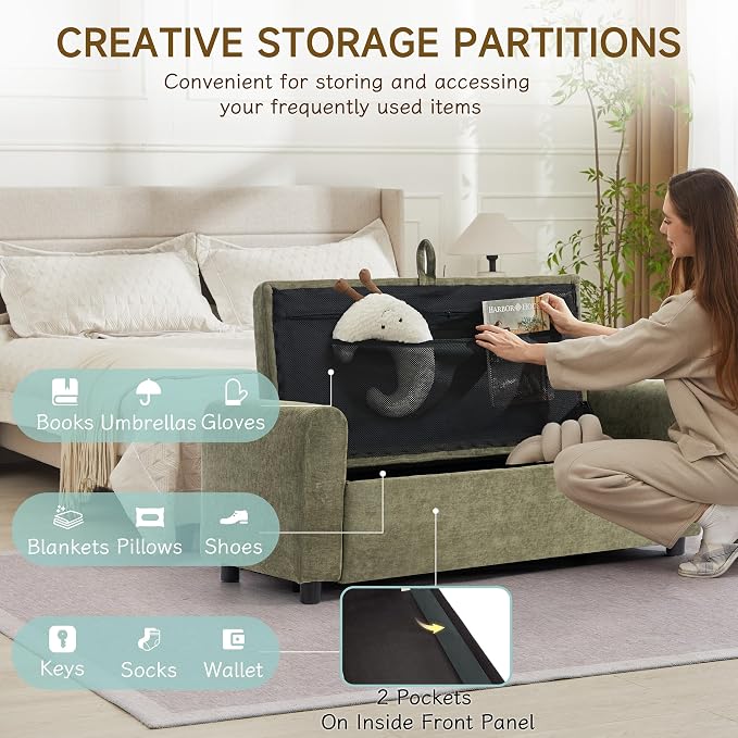 Ottoman with Storage, Tufted Storage Bench for Bedroom, 48" Fabrics End of Bed Bench, Upholstered Entryway Shoe Benches with Rolled Arm & Inner Zipper, Window Ottomans Chest without Rivets, Green