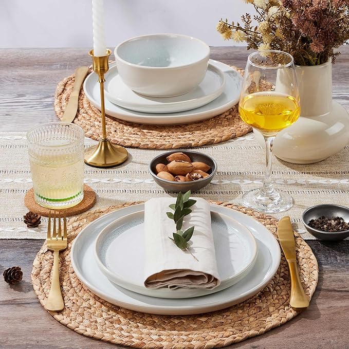 LIANYU Stoneware Dinnerware Sets for 8, 24 Piece Ceramic Plates and Bowls Set for 8, Kitchen Dishes Set, Modern Dinning Ware Dishware Set, Dishwasher and Microwave Safe Dinner Salad Plates, Dusk White