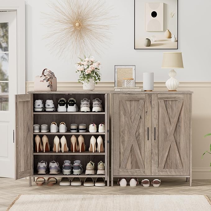 Homleke Farmhouse Shoe Cabinet with 2 Barn Doors & Wood Legs, 5-Tier Shoe Storage Cabinet with 3 Adjustable Shelves, Tall Shoe Rack Organizer for Closet, Shoe Organizer for Entryway, Hallway, Greige