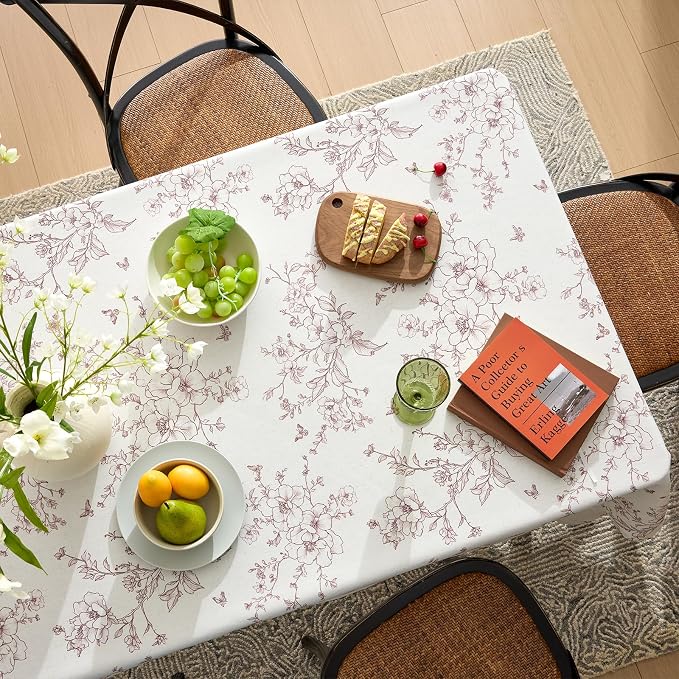 Linen Floral Rectangle Tablecloth Farmhouse Vintage French Rustic Tablecloths Brown Flowers Pattern Burlap Textured Outdoor Table Cover for Picnic,Dining,Party,Home Decor 55x120 Inch