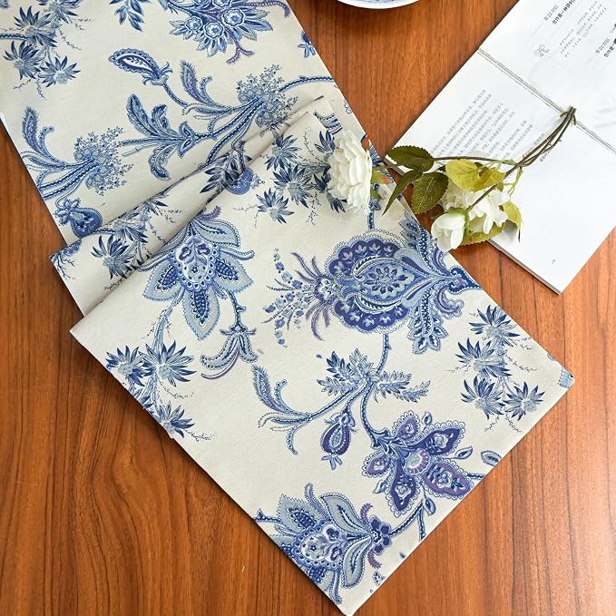 Beige and Blue Table Runner 12x36 Inch, Cotton Polyester Waterproof Seasonal Spring Summer Floral Retro Vintage Table Decoration for Kitchen Dining Home Party Decor