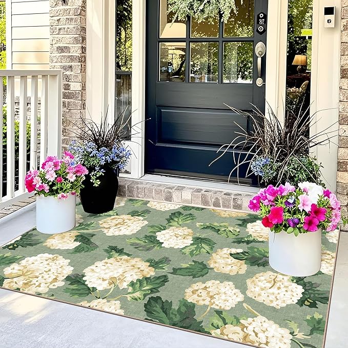 3x5 Floral Entry Rug - Small Washable Indoor Outdoor Mats for Front Door Non-Slip Porch Rug Sage Green Spring Flower Throw Rugs for Living Room Bedroom Entryway Kitchen Office Porch Decor