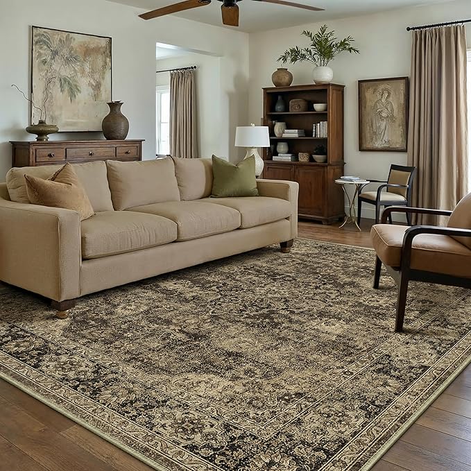 HUGEAR Retro Brown Area Rug 8x10 Machine Washable Living Room Rugs Distressed Vintage Floral Low Pile Carpet Bedroom Office Dining Room Laundry Room Non Slip Soft Lightweight