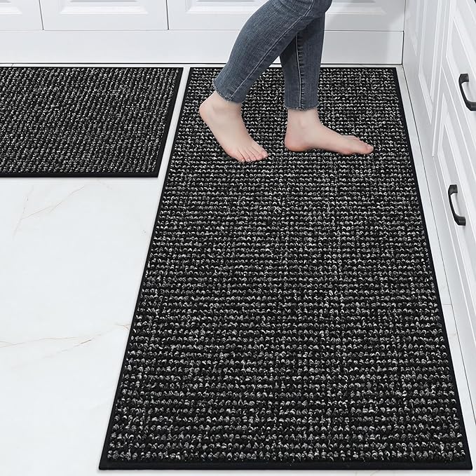 BEQHAUSE Kitchen Rugs and Mats 2PCS, Non-Slip Kitchen Mats for Floor, Absorbent and Stain Resistant Kitchen Runner, Machine Washable Rugs for Kitchen, Laundry & Sink, 24"x36"+24"x60", Black