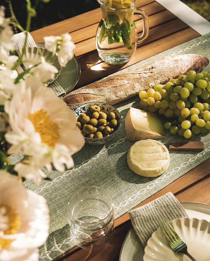 Farmhouse Decor Boho Table Runner with Macrame, Elegant Sage Green Coffee Table Runners 90 Inches Long, Rustic Home Decor Boho Decorations for Dining Room Kitchen Baby Bridal Shower (13"×90")