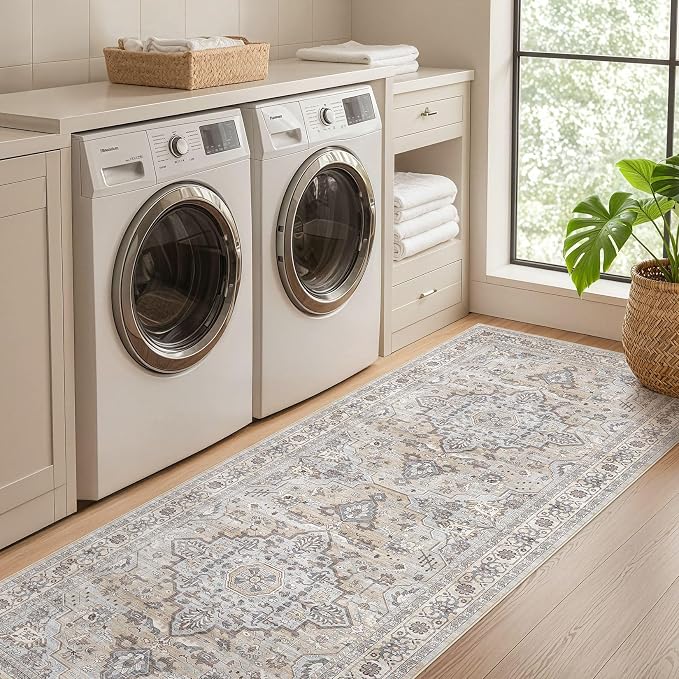 Runner Rug Kitchen Washable Rugs: 2x6 Non-Slip Boho Soft Vintage Stain Resistant Indoor Floor Neutral Farmhouse Throw Carpet for Hallway Bathroom Laundry Room Entryway Bedroom- Ivory Gray