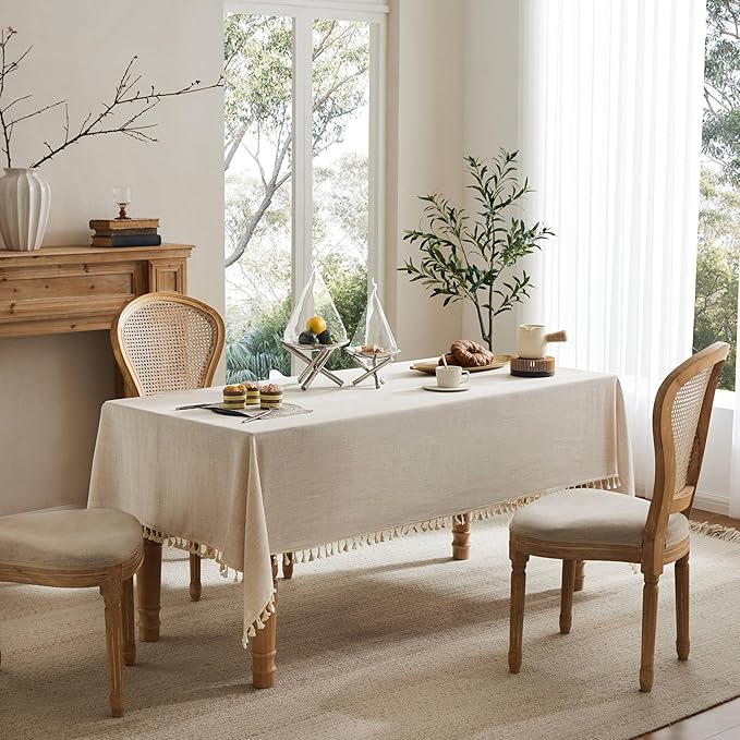 Linen Tablecloth with Tassels, Farmhouse Style Light Beige Tablecloth, Water Resistant Burlap Tablecloths for Square Table, 52x52 Inch Light Tan