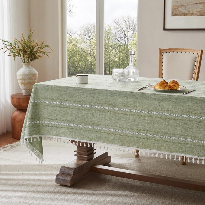 ZeeMart Hemstitched Embroidery Striped Boho Tablecloth 54x70 Inch Light Green, Heavy Weight Farmhouse Burlap Linen Sage Tablecloth, Wrinkle Resistant Washable Table Cloth for Rectangle Table