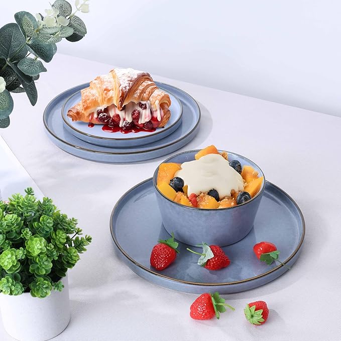 Herogo 24-Piece Stoneware Dinnerware Set for 8, Dinner Plates and Bowls Sets, Double Reactive Glaze Dishware Place Setting for Kitchen, Scratch Resistant, Microwave Safe, Haze Blue