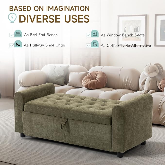 Ottoman with Storage, Tufted Storage Bench for Bedroom, 48" Fabrics End of Bed Bench, Upholstered Entryway Shoe Benches with Rolled Arm & Inner Zipper, Window Ottomans Chest without Rivets, Green