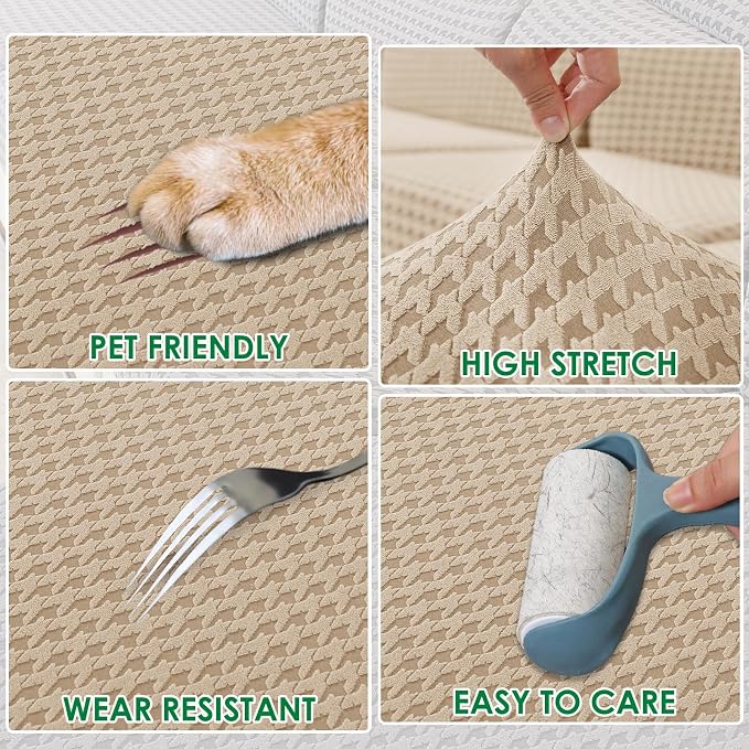 MAXIJIN Stretch Couch Cover Sofa Covers for 3 Cushion Couch (71"-91" Washable Sofa Slipcovers with Non-Slip Foam & Elastic Strap, Dog Cat Pet Friendly Furniture Protector (Large, Khaki)