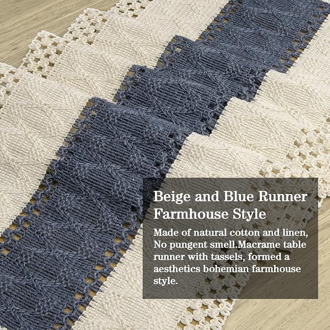 yuboo Table Runner 72 Inches Long, Blue and White Table Runner - Farmhouse Coastal Boho Macrame Dresser Runners for Bedroom, Dining & Coffee Table with Tassels