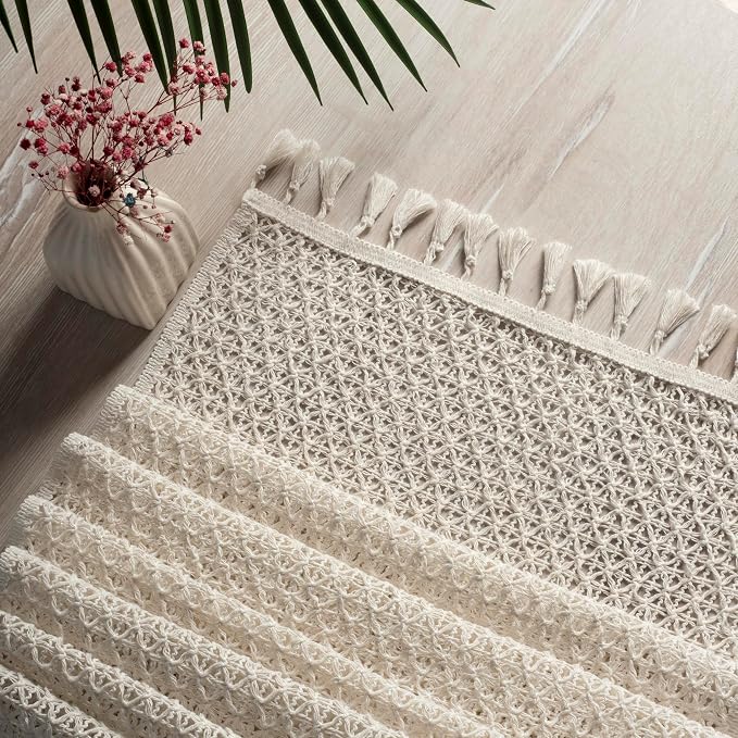 Boho Table Runner for Spring Home Decor Long Farmhouse Rustic Table Runner, Macrame Runner with Tassels for Dining Living Room Bedroom (Table Runner, 14x60 , Lacy Butterfly-Cream)
