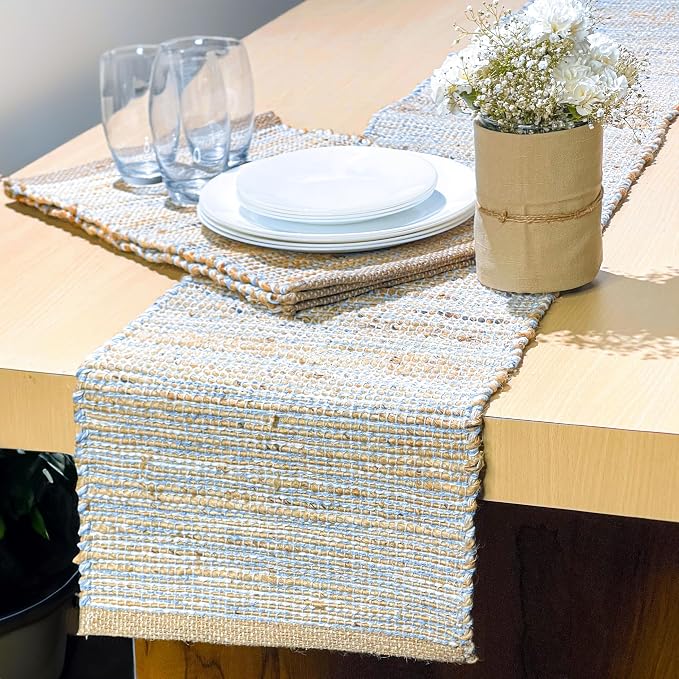 Chardin home Natural Jute Table Runner 13x72 Inch – Vintage Boho Rustic Table Decor – Handwoven Table Runner in Natural Jute and Sky Blue-White – Farmhouse Dining or Console Table Accent