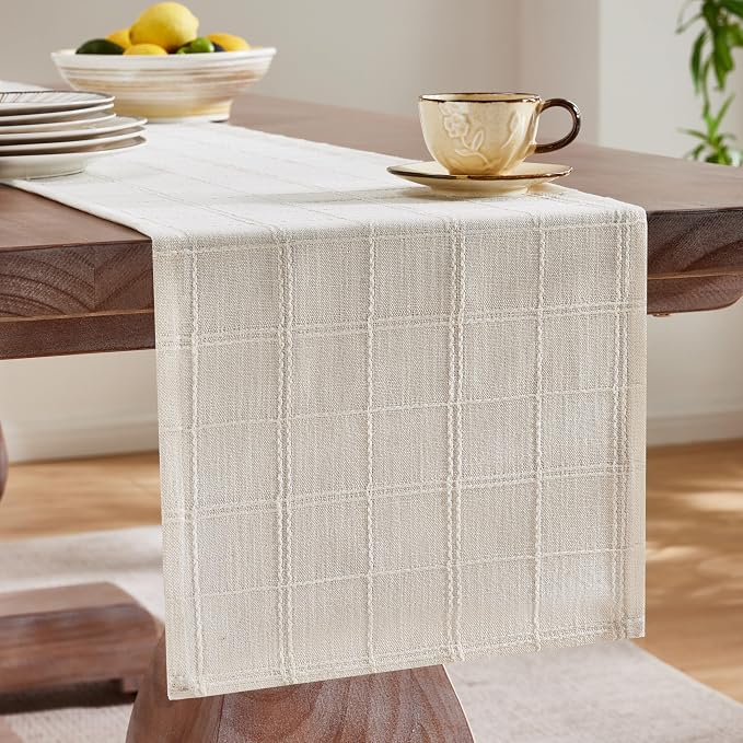 ZeeMart Linen Checked Farmhouse Table Runner, 13x60 Inches Ivory | Raised Grid Design, Rich Woven Texture, Linen Blend Table Runners 60 Inches Long, Machine Washable, Boho Home Kitchen Decor