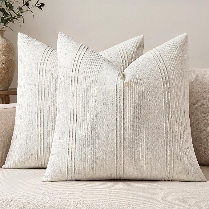 MIULEE Striped Throw Pillow Covers 22x22 Decorative Textured Pillow Covers Pack of 2 Linen Cushion Cases for Couch Bed Sofa Livingroom Farmhouse Home Decor, Natural Beige