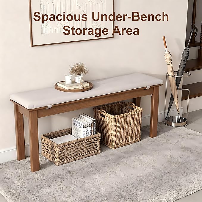 CycleCrew 47.2" Solid Wood Dining Bench with Removable Cushion - Mid-Century Modern Entryway Bench, Extra Height Upholstered Bench for Dining Table, End of Bed, Living Room