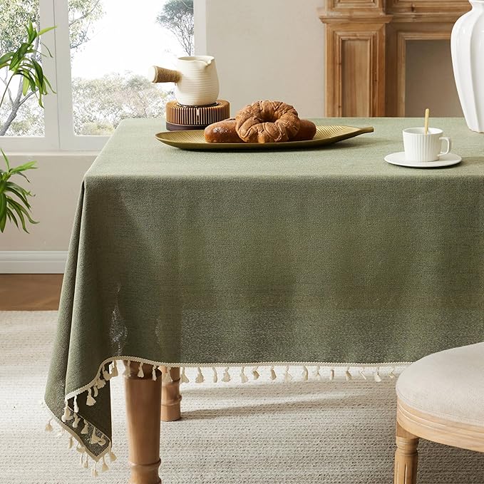 Linen Tablecloth with Tassels, Farmhouse Style Green Tablecloth, Water Resistant Burlap Tablecloths for Square Table, 52x52 Inch Olive