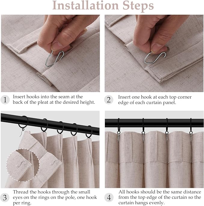 Natural White Linen Pinch Pleated Semi Sheer Curtains 90 Inches Long for Living Room Bedroom Light Filtering Natural Textured Burlap Drapes 90 Length Hooks Rings Back Tab for Sliding Door 2 Panels