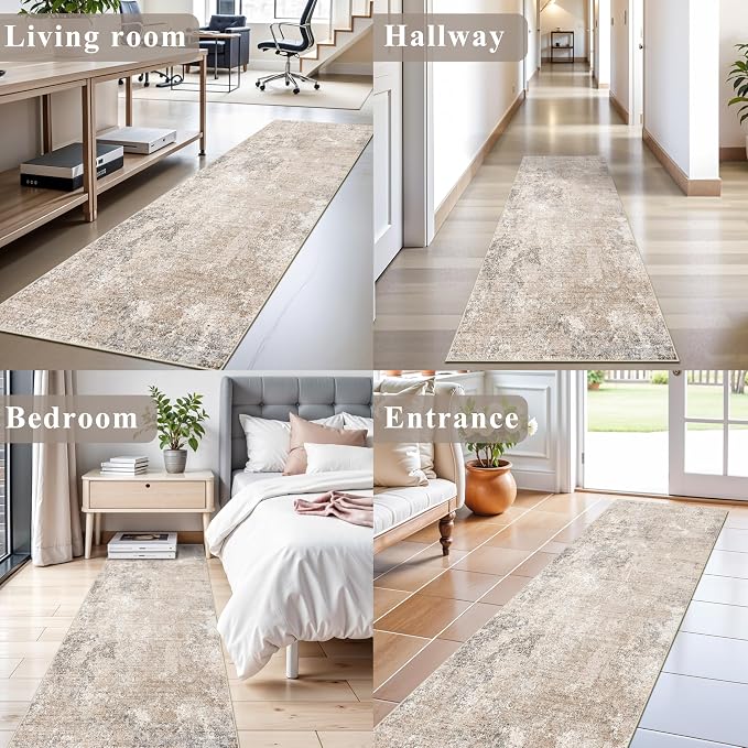 2x8 Washable Hallway Runner Rug – Non-Slip Modern Abstract Neutral Low-Pile Stain-Resistant Carpet Runner for Kitchen Entryway Bedroom Bathroom (Beige Grey,2x8)