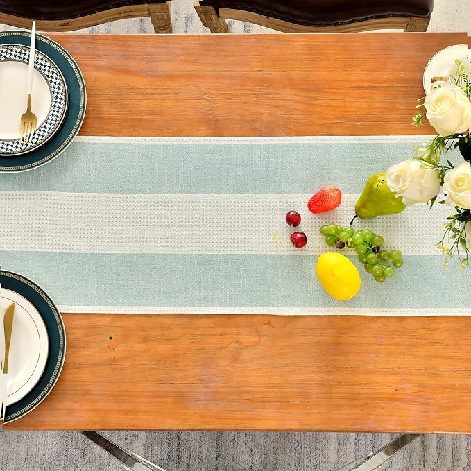 Wracra Linen Table Runner, Farmhouse Macrame Table Runners 36 Inches Long for Dining Table Decor, Wedding, Party and Dresser Decor (Aqua Blue,36")