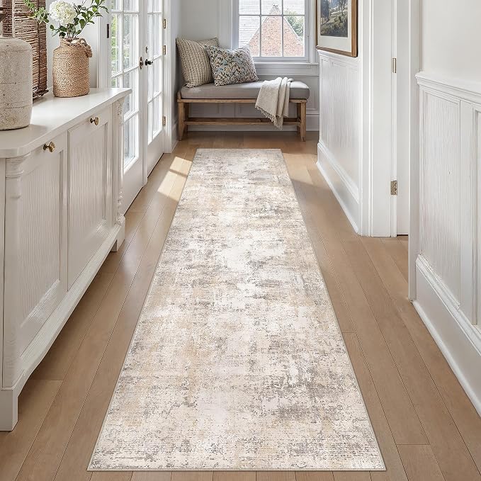 2x14 Washable Runner Rug Beige Grey Abstract Non Slip Soft Low Pile Hallway Kitchen Rug Neutral Modern Carpet for Laundry Bathroom Bedroom Living Room Home Decor
