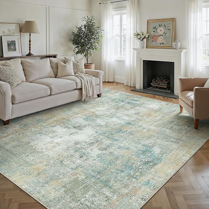 10x12 Washable Area Rug Teal Beige Abstract Non Slip Soft Low Pile Rug for Living Room Bedroom Dining Room Office Neutral Modern Indoor Large Throw Carpet for Home Decor