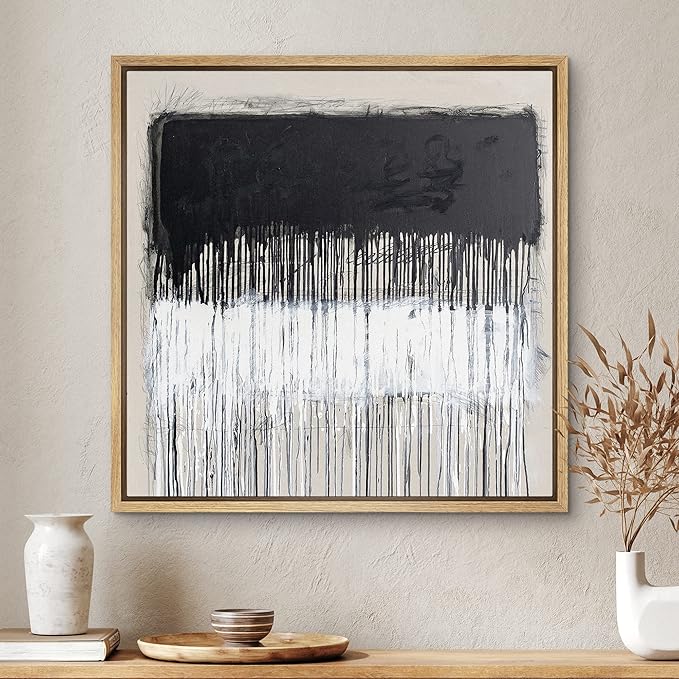 SIGNWIN Framed Canvas Print Wall Art Dripping Black & White Color Blocks Abstract Shapes Modern Art Alternative Dark for Living Room, Bedroom, Office - 24"x24" Natural