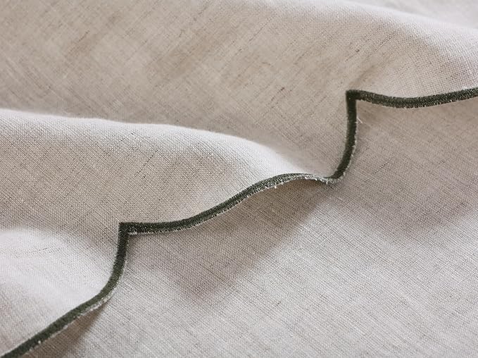 100% French Flax Linen Tablecloths Scalloped Embroidery Rectangle 108Lx60W Inch for Dinners, Parties, Spring, Machine Washable, 8-10 Sets, Linen(Edges-Green)