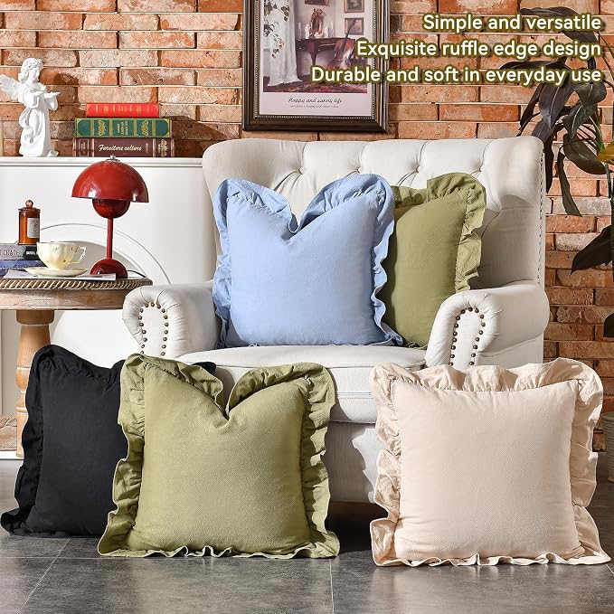 AmHoo Pack of 2 Throw Pillow Covers 100% Cotton Pre Washed Ruffle Decorative Pillowcase Cushion for Couch Sofa Bedroom 18 x 18-Inch Black