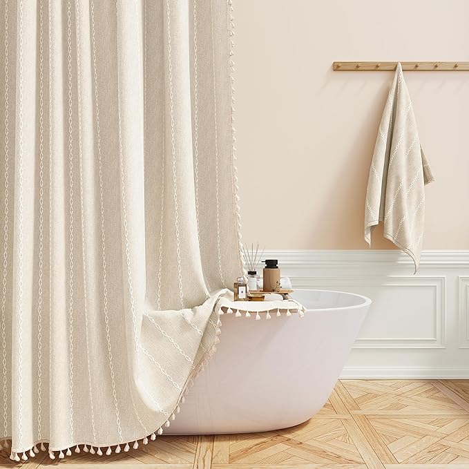 BTTN Extra Long Shower Curtain - 72x84 Long Boho Chic Striped Tassel Linen Fabric Shower Curtain Set with Hooks, Tall Modern Farmhouse Cute Heavy Duty Cloth Shower Curtains for Bathroom - Cream/Beige