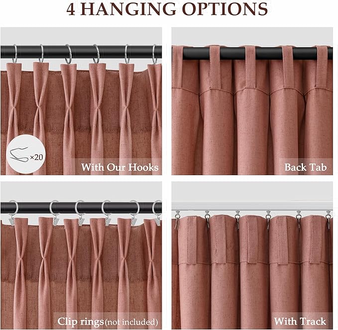Aersas Canyon Rose Pinch Pleated Linen Curtains 96 Inch Length 2 Panels for Living Room Bedroom Semi Sheer Window Curtain Boho Neutral Back Tab Pinch Pleat Drape with Hooks 40x96